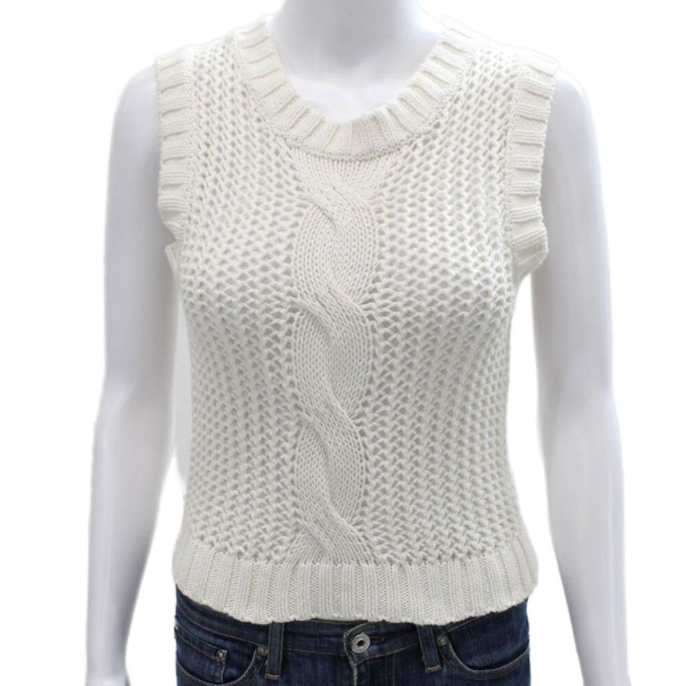 Cardigan Womens White Cotton Sleeveless Round Neck Sweater Vest Size XS
